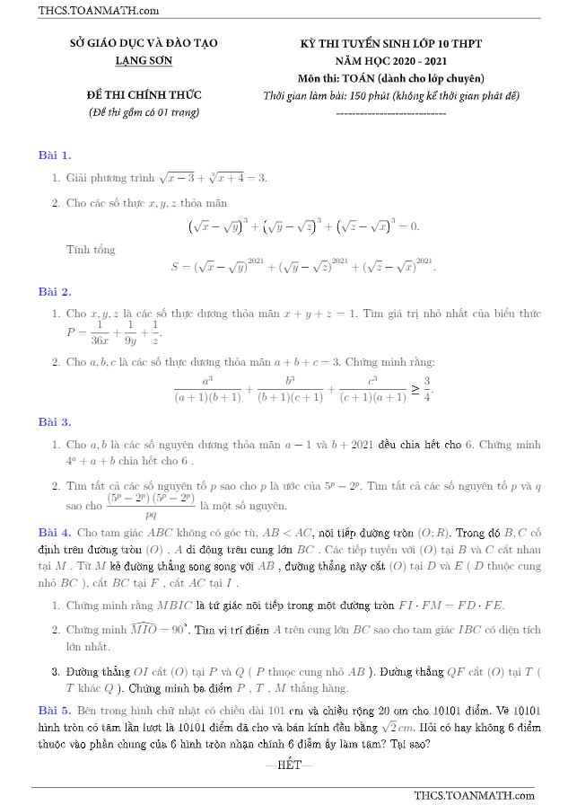 Đề tuyển sinh môn Toán (chuyên) năm 2020 2021 sở GD ĐT Lạng Sơn