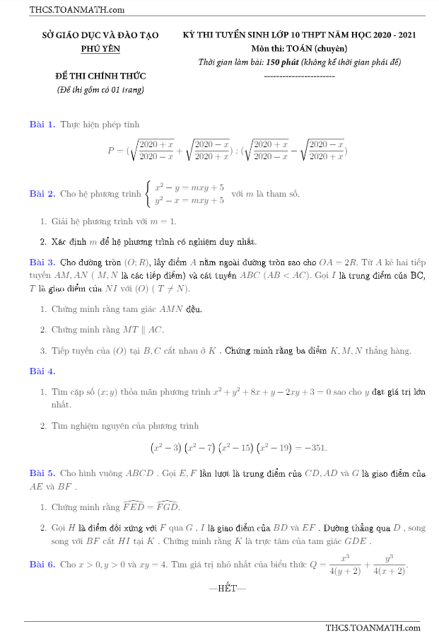 Đề tuyển sinh môn Toán (chuyên) năm 2020 2021 sở GD ĐT Phú Yên