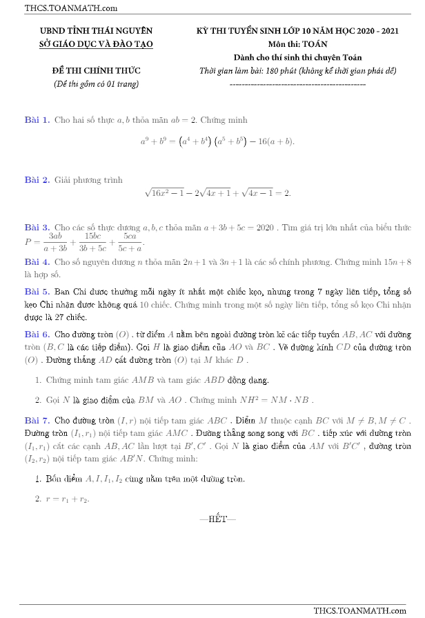 Đề tuyển sinh môn Toán (chuyên) năm 2020 2021 sở GD ĐT Thái Nguyên