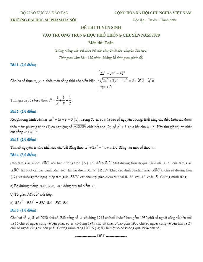 Đề tuyển sinh môn Toán (chuyên) năm 2020 2021 trường THPT chuyên ĐHSP Hà Nội