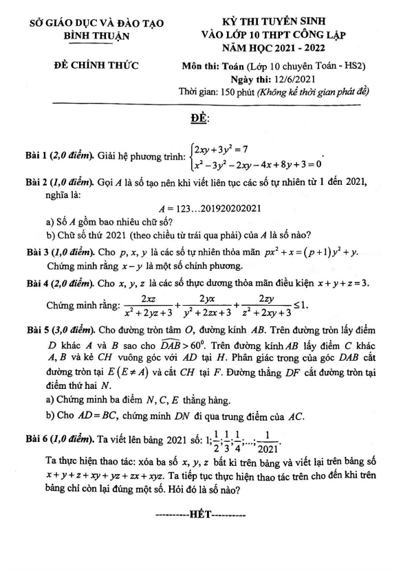 Đề tuyển sinh môn Toán (chuyên) năm 2021 2022 sở GD ĐT Bình Thuận