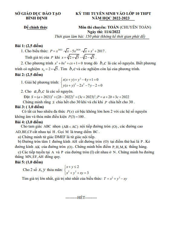 Đề tuyển sinh môn Toán (chuyên) năm 2022 2023 sở GD ĐT Bình Định
