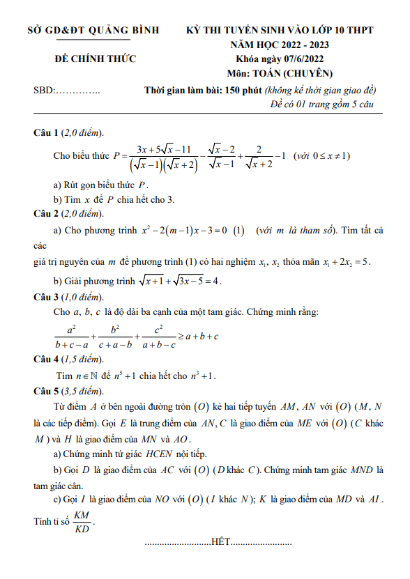 Đề tuyển sinh môn Toán (chuyên) năm 2022 2023 sở GD ĐT Quảng Bình
