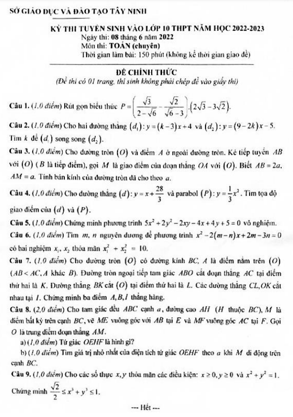 Đề tuyển sinh môn Toán (chuyên) năm 2022 2023 sở GD ĐT Tây Ninh