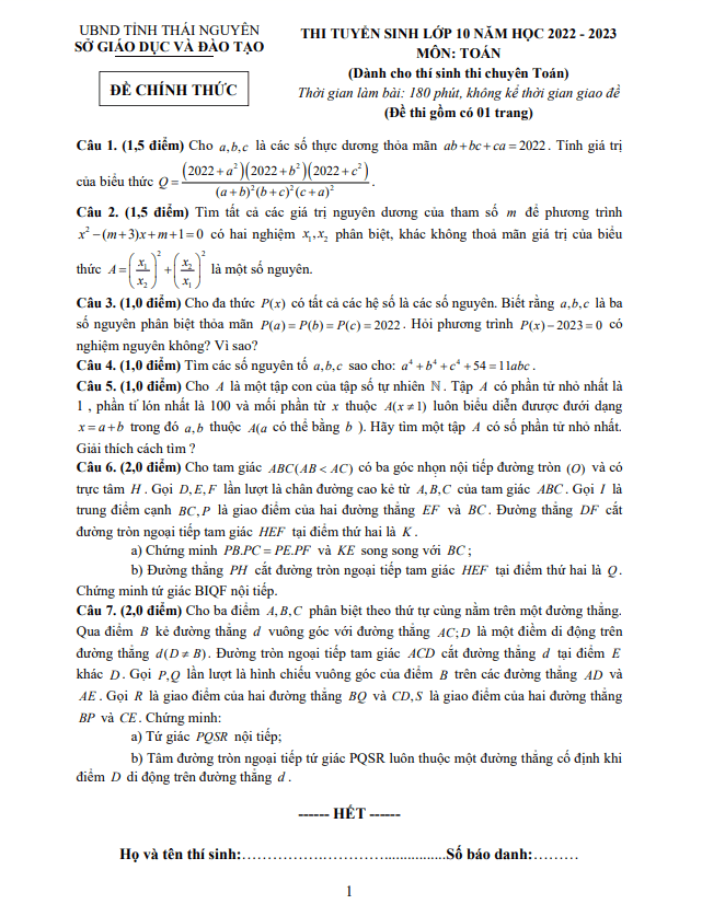 Đề tuyển sinh môn Toán (chuyên) năm 2022 2023 sở GD ĐT Thái Nguyên