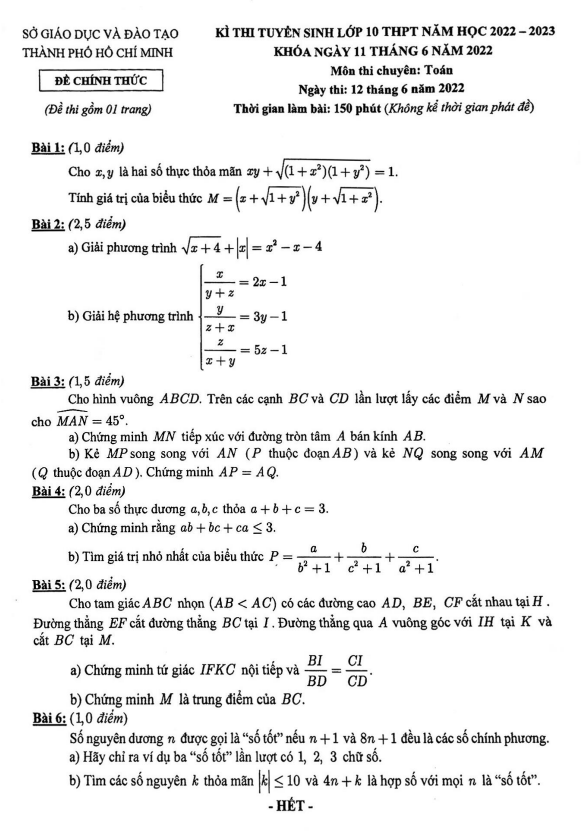 Đề tuyển sinh môn Toán (chuyên) năm 2022 2023 sở GD ĐT TP Hồ Chí Minh