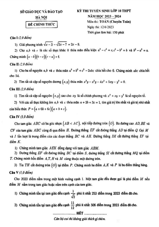 Đề tuyển sinh môn Toán (chuyên) năm 2023 2024 sở GD ĐT Hà Nội