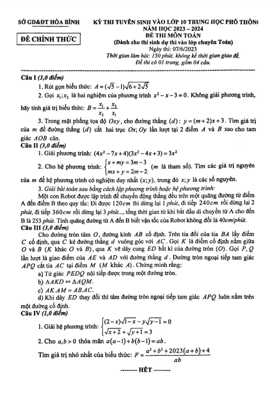 Đề tuyển sinh môn Toán (chuyên) năm 2023 2024 sở GD ĐT Hòa Bình
