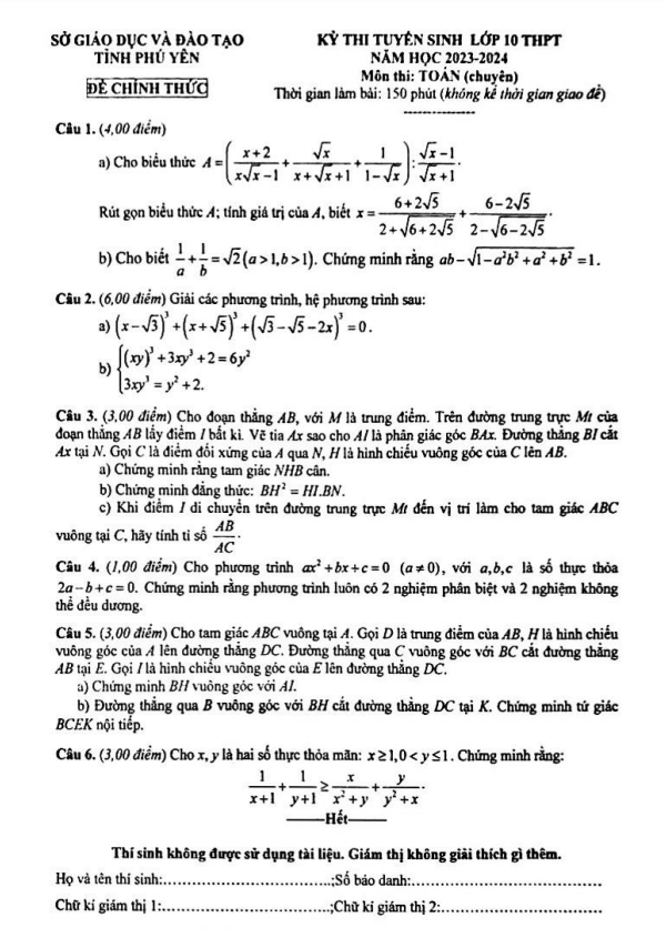 Đề tuyển sinh môn Toán (chuyên) năm 2023 2024 sở GD ĐT Phú Yên