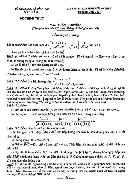 Đề tuyển sinh môn Toán (chuyên) năm 2023 2024 sở GD ĐT Sóc Trăng