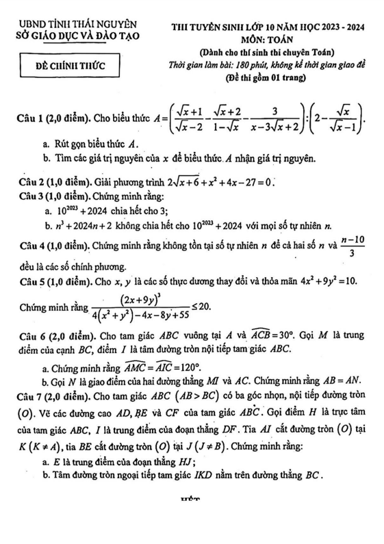 Đề tuyển sinh môn Toán (chuyên) năm 2023 2024 sở GD ĐT Thái Nguyên