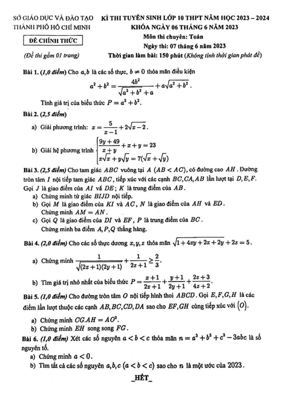 Đề tuyển sinh môn Toán (chuyên) năm 2023 2024 sở GD ĐT TP Hồ Chí Minh