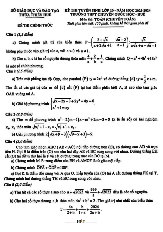 Đề tuyển sinh môn Toán (chuyên) năm 2023 2024 trường chuyên Quốc học Huế