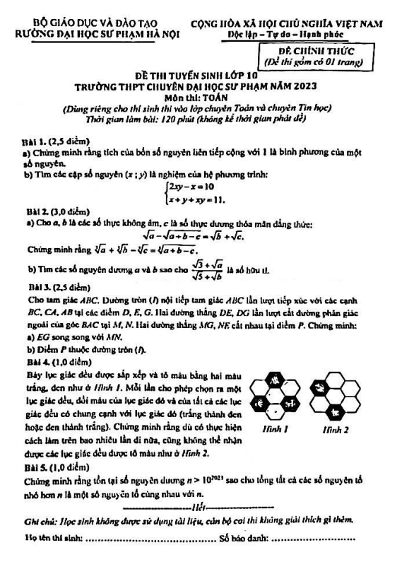 Đề tuyển sinh môn Toán (chuyên) năm 2023 trường THPT chuyên ĐHSP Hà Nội