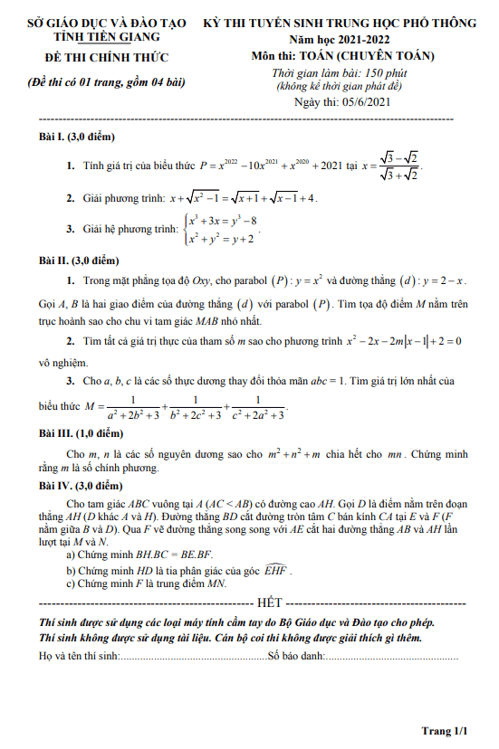 Đề tuyển sinh môn Toán (chuyên Toán) năm 2021 2022 sở GD ĐT Tiền Giang