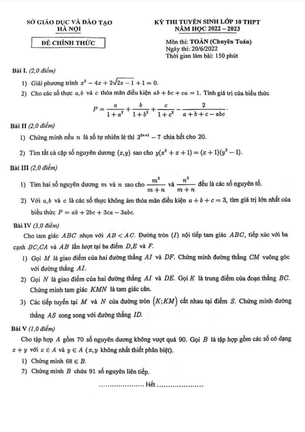 Đề tuyển sinh môn Toán (chuyên Toán) năm 2022 2023 sở GD ĐT Hà Nội