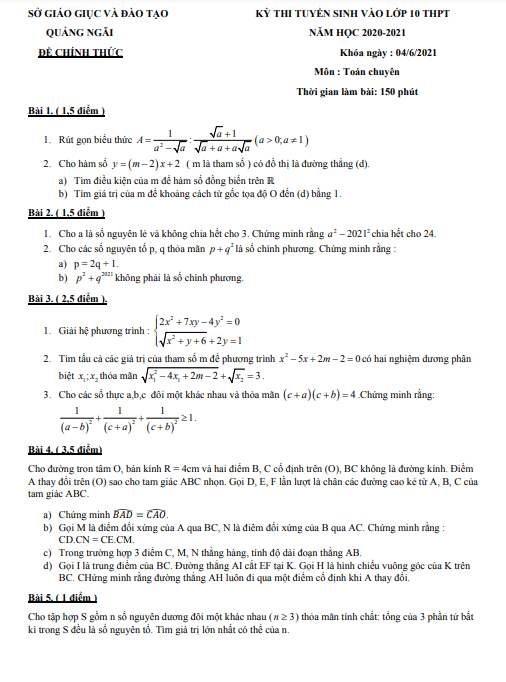 Đề tuyển sinh môn Toán (hệ chuyên) năm 2021 2022 sở GD ĐT Quảng Ngãi