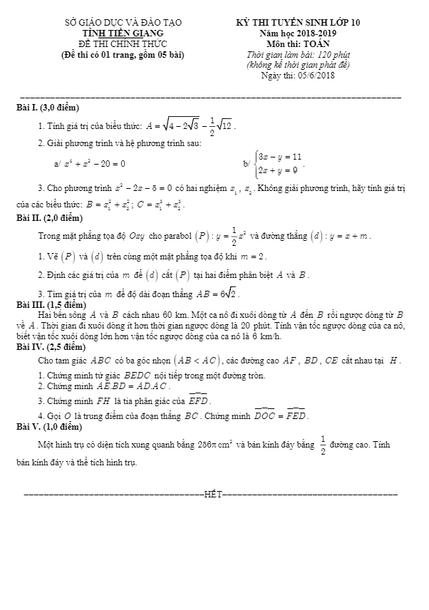 Đề tuyển sinh môn Toán năm 2018 2019 sở GD và ĐT Tiền Giang