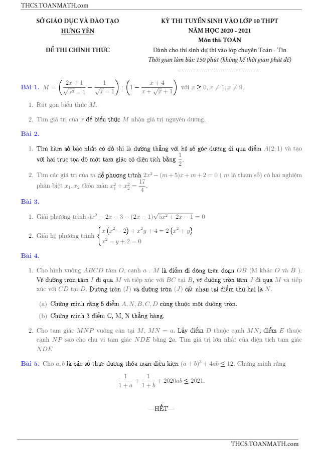 Đề tuyển sinh môn Toán năm 2020 2021 sở GD ĐT Hưng Yên (chuyên)