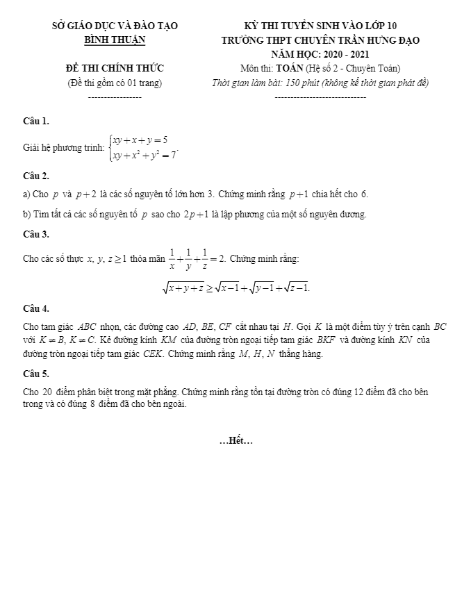 Đề tuyển sinh môn Toán năm 2020 2021 trường chuyên Trần Hưng Đạo Bình Thuận