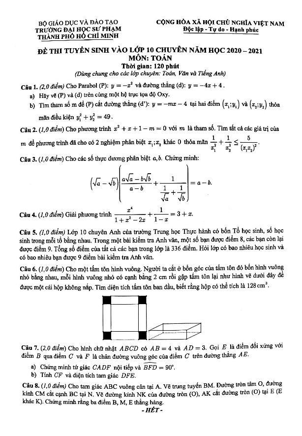 Đề tuyển sinh môn Toán năm 2020 2021 trường ĐHSP TP HCM (chung)