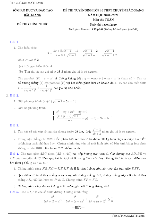 Đề tuyển sinh môn Toán năm 2020 2021 trường THPT chuyên Bắc Giang