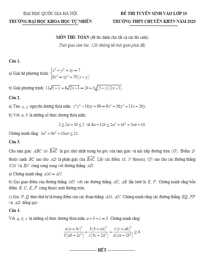 Đề tuyển sinh môn Toán năm 2020 trường THPT chuyên KHTN Hà Nội (Đề chung)
