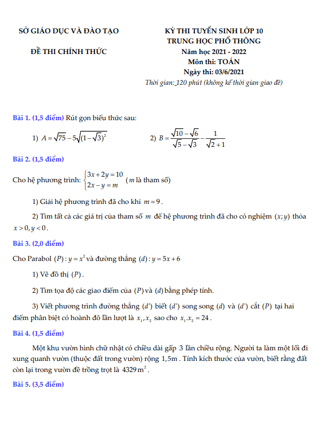 Đề tuyển sinh môn Toán năm 2021 2022 sở GD ĐT Bình Dương