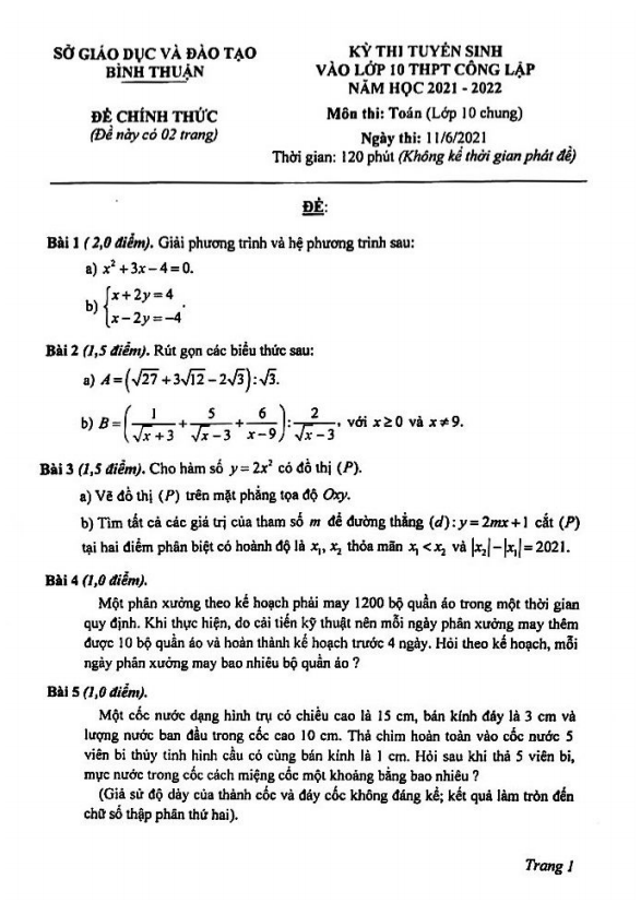 Đề tuyển sinh môn Toán năm 2021 2022 sở GD ĐT Bình Thuận