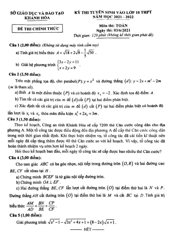 Đề tuyển sinh môn Toán năm 2021 2022 sở GD ĐT Khánh Hòa