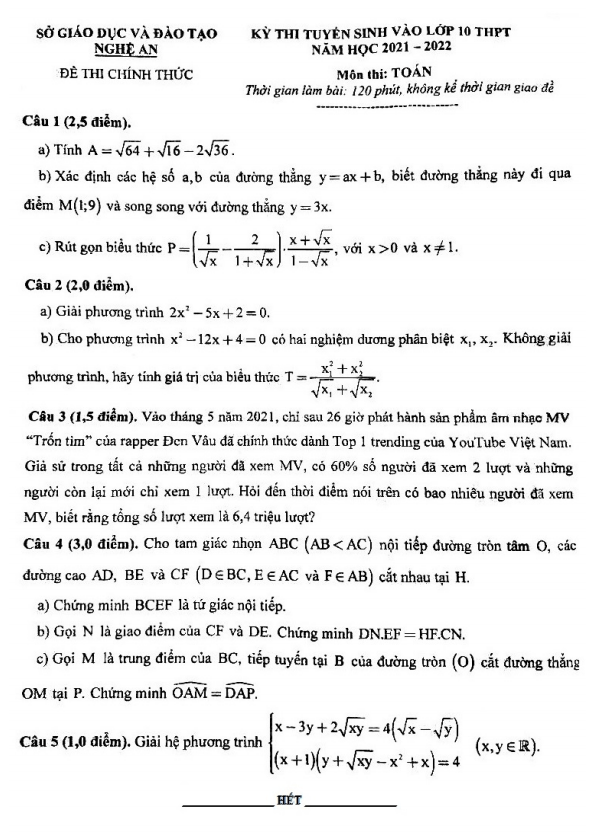 Đề tuyển sinh môn Toán năm 2021 2022 sở GD ĐT Nghệ An