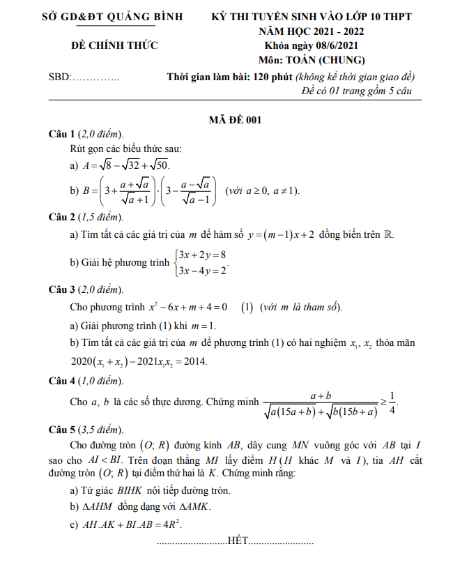 Đề tuyển sinh môn Toán năm 2021 2022 sở GD ĐT Quảng Bình