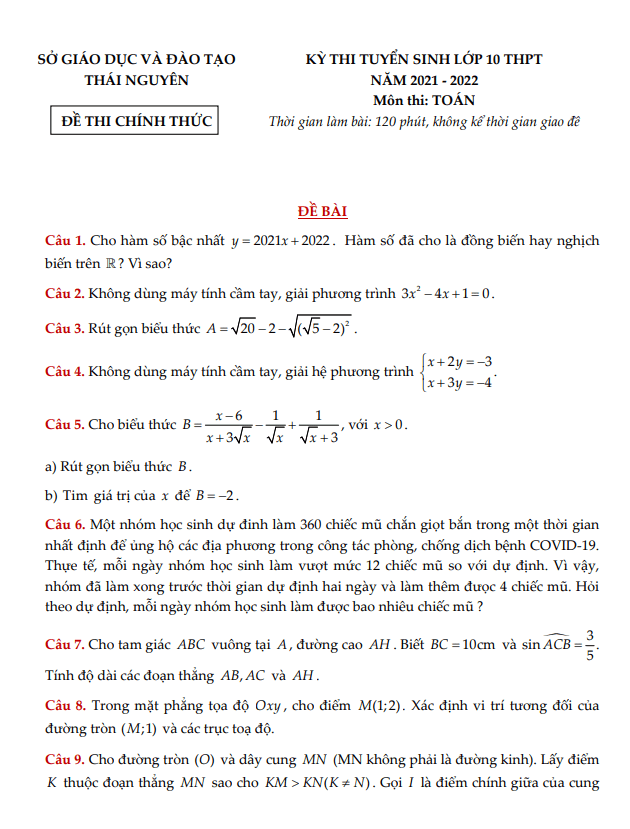 Đề tuyển sinh môn Toán năm 2021 2022 sở GD ĐT Thái Nguyên