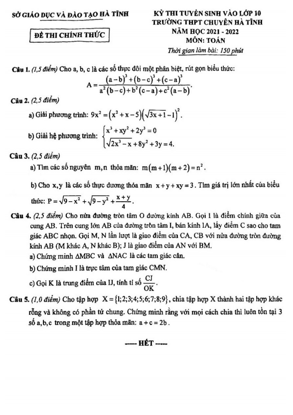 Đề tuyển sinh môn Toán năm 2021 2022 trường THPT chuyên Hà Tĩnh