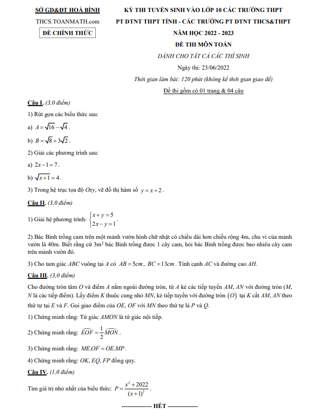 Đề tuyển sinh môn Toán năm 2022 2023 sở GD ĐT Hoà Bình