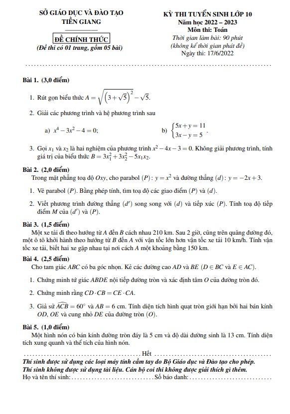 Đề tuyển sinh môn Toán năm 2022 2023 sở GD ĐT Tiền Giang