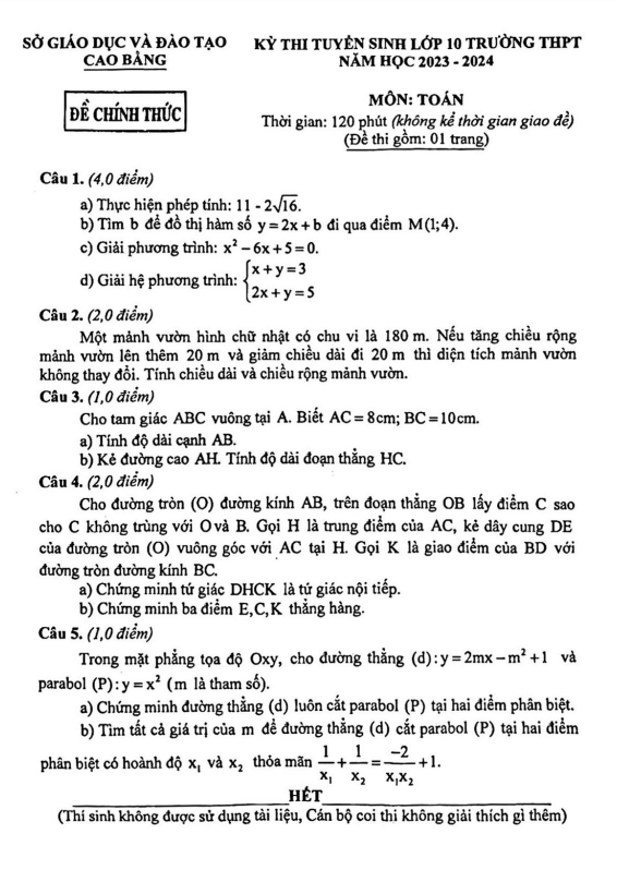 Đề tuyển sinh môn Toán năm 2023 2024 sở GD ĐT Cao Bằng