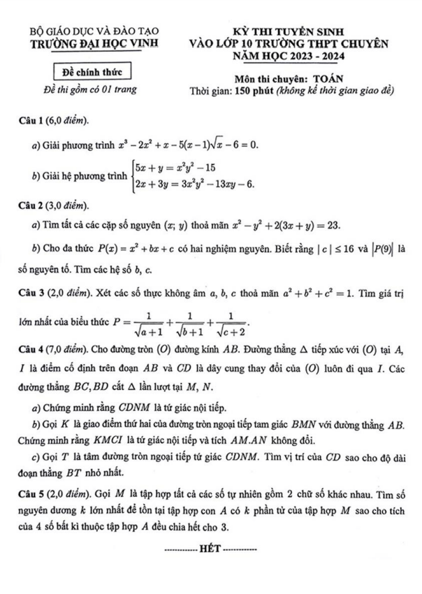 Đề tuyển sinh môn Toán năm 2023 2024 trường THPT chuyên ĐH Vinh Nghệ An