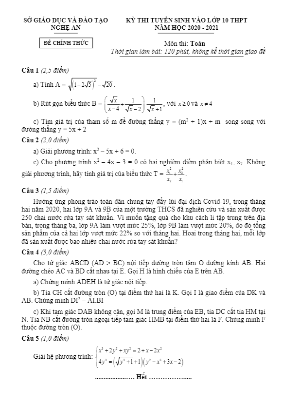 Đề tuyển sinh môn Toán năm học 2020 2021 sở GD ĐT Nghệ An