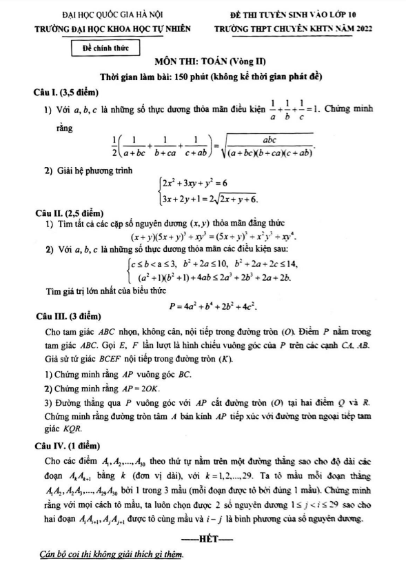Đề tuyển sinh môn Toán (vòng 2) năm 2022 trường THPT chuyên KHTN Hà Nội