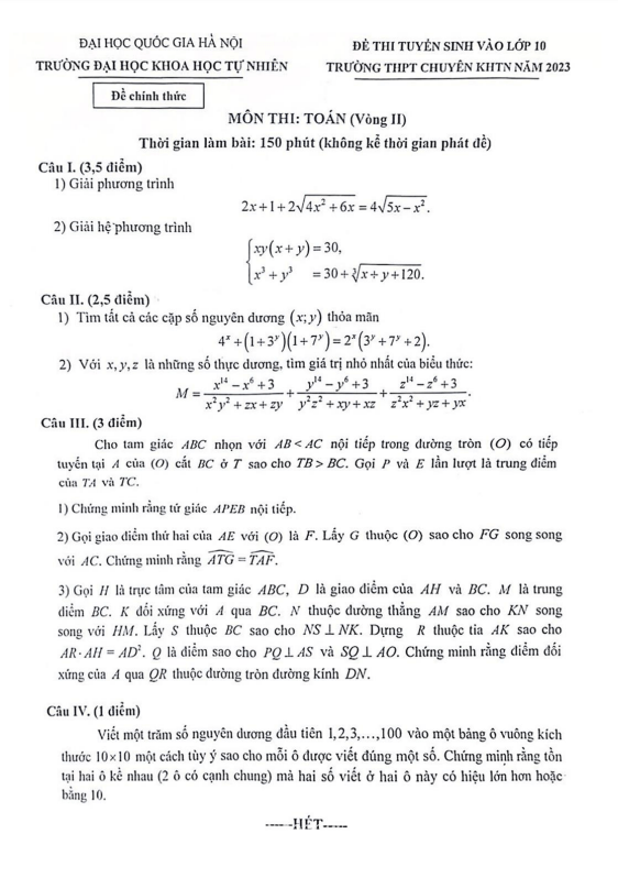 Đề tuyển sinh môn Toán (vòng 2) năm 2023 trường THPT chuyên KHTN Hà Nội