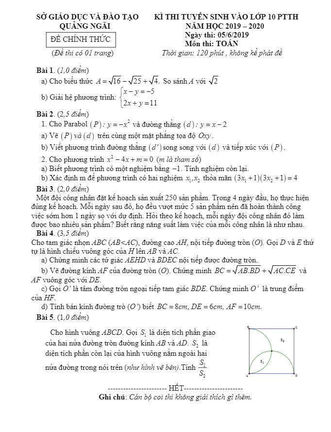 Đề tuyển sinh năm 2019 2020 môn Toán sở GD ĐT Quảng Ngãi