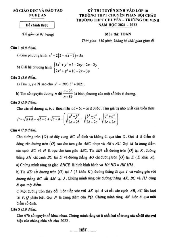 Đề tuyển sinh THPT chuyên môn Toán năm 2021 2022 sở GD ĐT Nghệ An