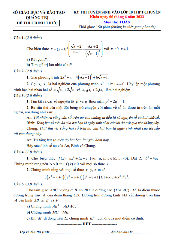 Đề tuyển sinh THPT chuyên môn Toán năm 2022 2023 sở GD ĐT Quảng Trị