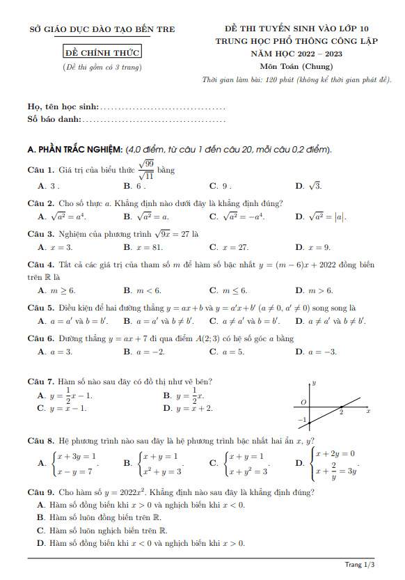 Đề tuyển sinh THPT môn Toán (chung) năm 2022 2023 sở GD ĐT Bến Tre