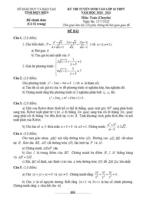 Đề tuyển sinh THPT môn Toán (chuyên) năm 2020 2021 sở GD ĐT Điện Biên