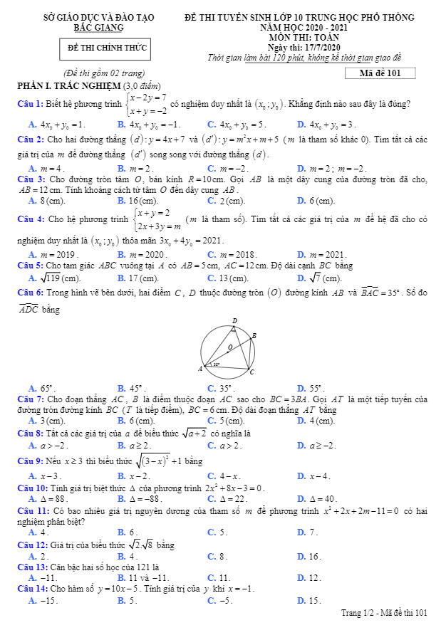 Đề tuyển sinh THPT môn Toán năm 2020 2021 sở GD ĐT Bắc Giang