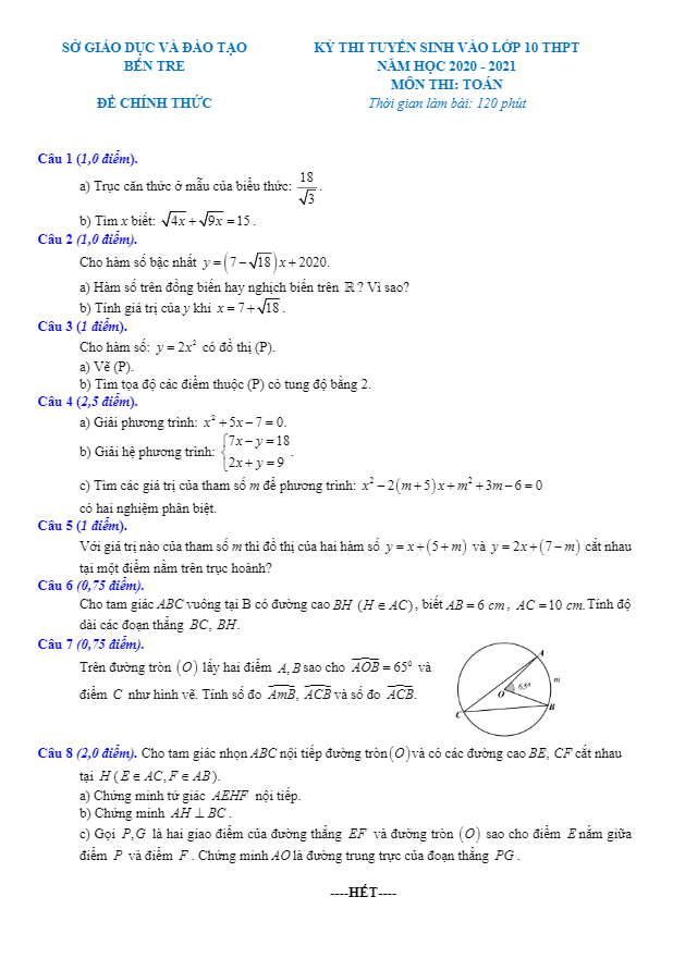 Đề tuyển sinh THPT môn Toán năm 2020 2021 sở GD ĐT Bến Tre (chung)