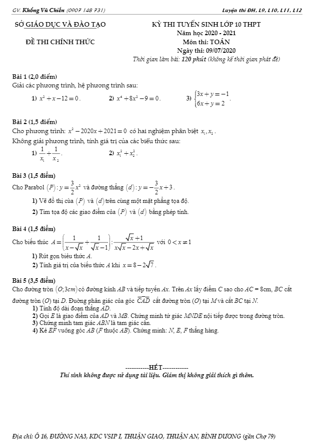 Đề tuyển sinh THPT môn Toán năm 2020 2021 sở GD ĐT Bình Dương