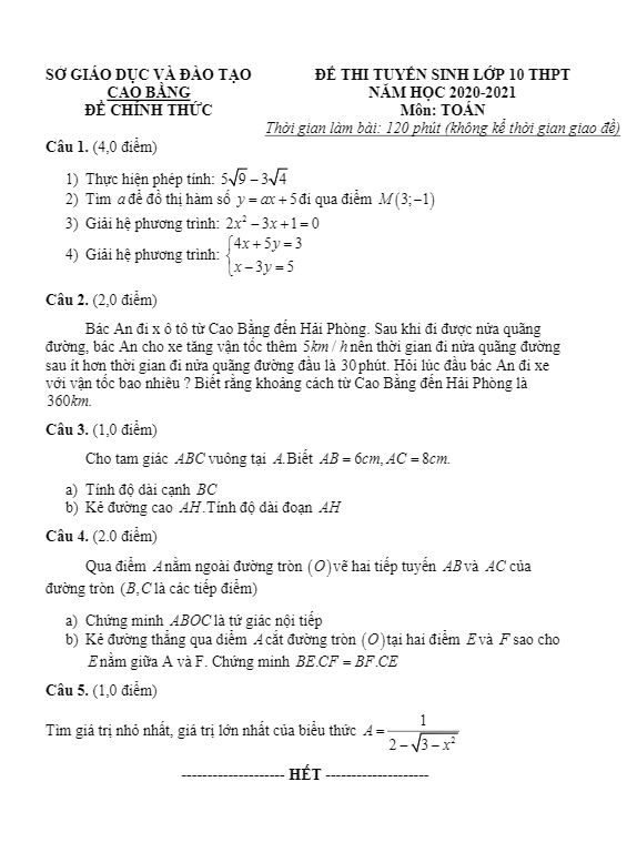 Đề tuyển sinh THPT môn Toán năm 2020 2021 sở GD ĐT Cao Bằng